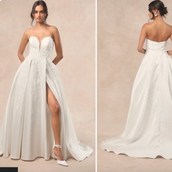 Lulus Now and Always White Beaded Embroidered Strapless Wedding Dress Gown Sz 4 - Picture 3 of 15